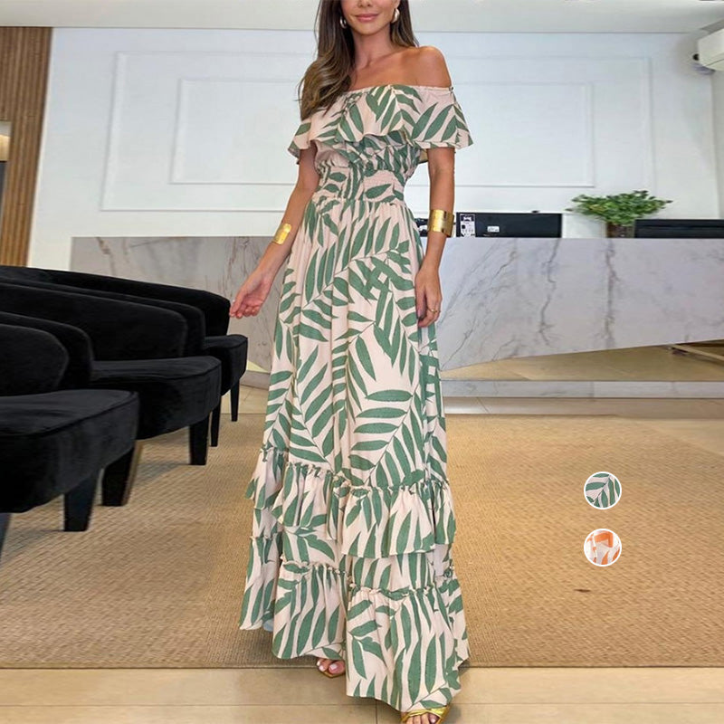 Plant Smiles bedrukte off-shoulder maxi-jurk met elastische taille